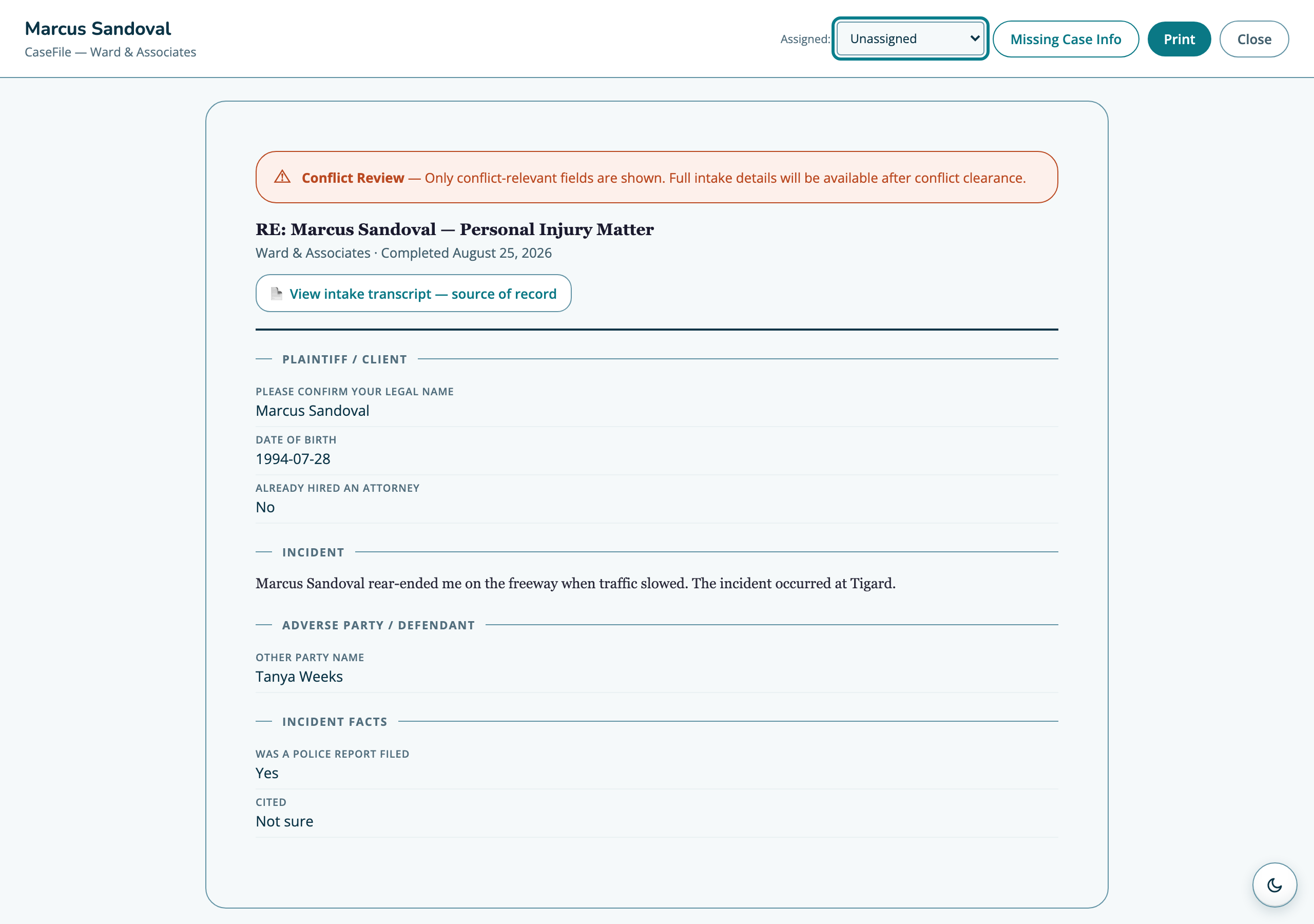 The CaseFile record for a personal injury matter, as the firm reads it